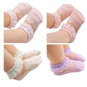 Futaba Newborn Baby Cotton Non Slip, Lace Flower Socks -Medium -4 Pair